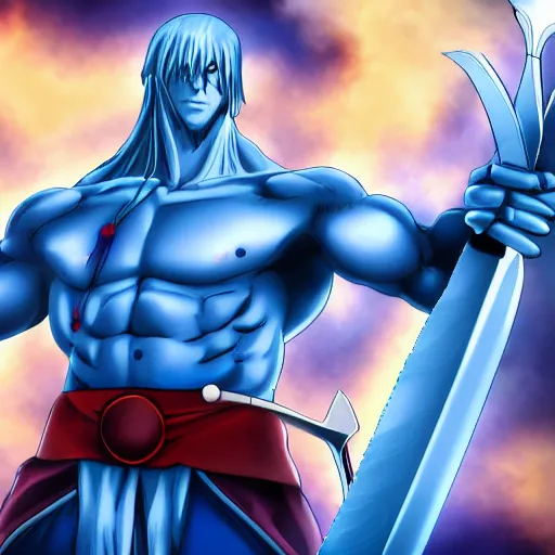 Prompt: four handed muscular man, blue skin, swords in hands, anime HD, anime,