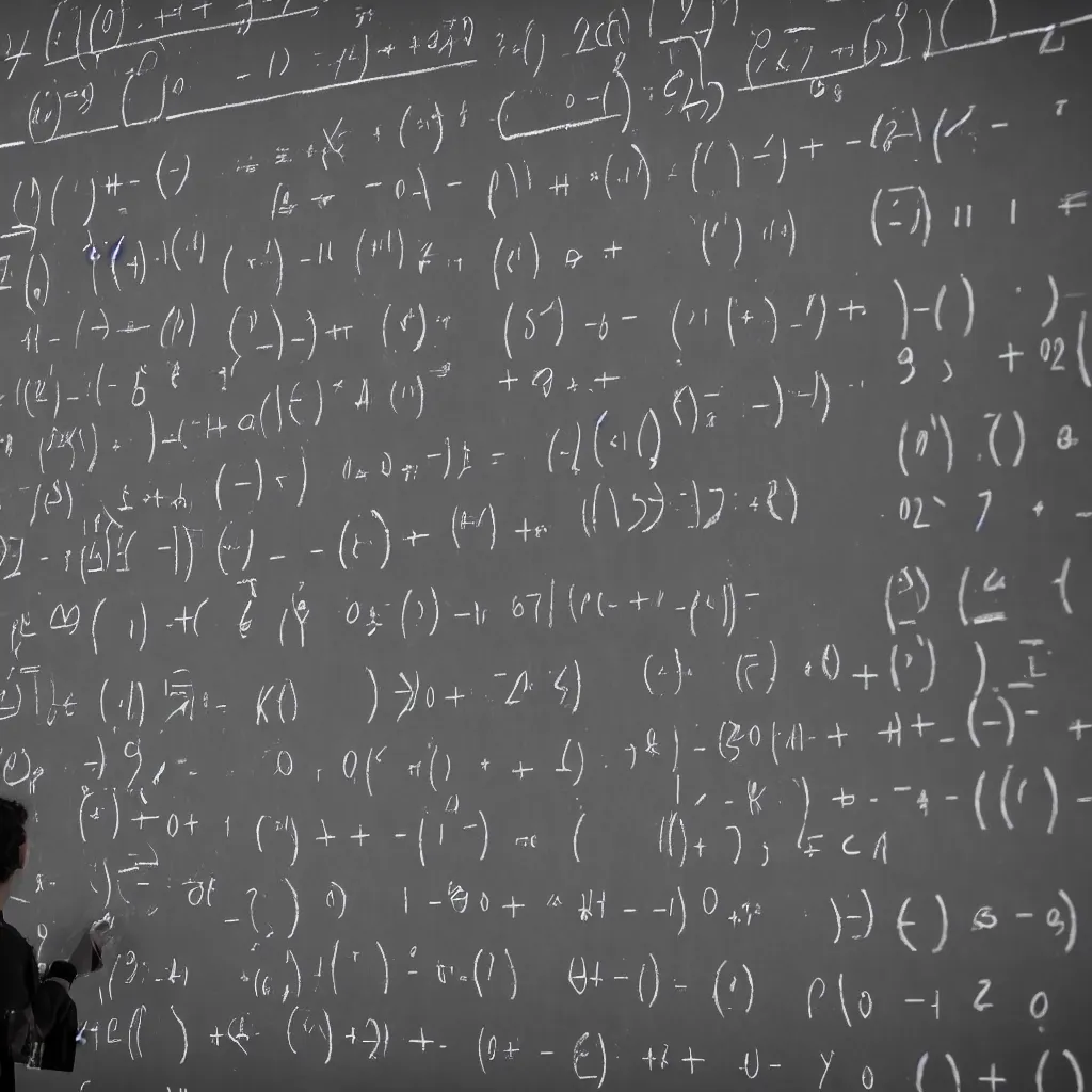 Prompt: A black board with an equation that shows how an AGI algorithm should be coded, a professor standing next to the board, writing comments underneath to help readers understand the math, 4k wide lenses photograph, unreal engine 5 full rendering, depth of field, 3D