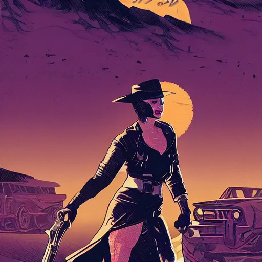 Image similar to a comic noir illustration of a wild western woman hunting in a post - apocalyptic desert, mad max, by queens of the stone age, by sachin teng, by tristan eaton, by victo ngai, artgerm, rhads, ross draws, 8 k, hyperrealistic, high contrast, dark vibes, pastel lighting, depth of field