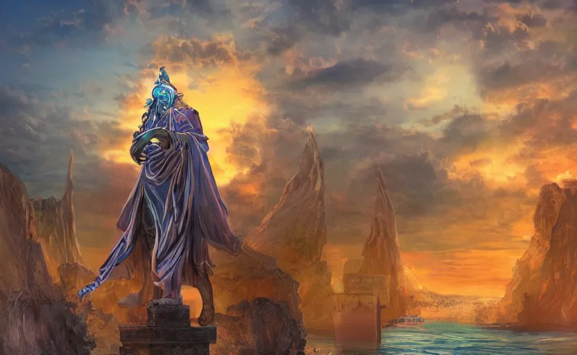 Prompt: A large statue of a wizard guarding the entrance to a port, landscape art, concept art, fantasy, inspiring, colossus of rhodes, bright lighting, colorful