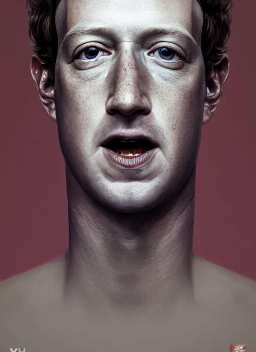 Image similar to portrait of mark zuckerberg with demon eyes and snake tongue, hyper detailed, digital art, trending in artstation, cinematic lighting, studio quality, smooth render, unreal engine 5 rendered, octane rendered, art style by klimt and nixeu and ian sprigger and wlop and krenz cushart.