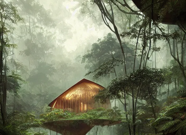 Image similar to a beautiful painting of a geodesic house in a moist tropical rainforest, by greg rutkowski, realism, artstation, nature