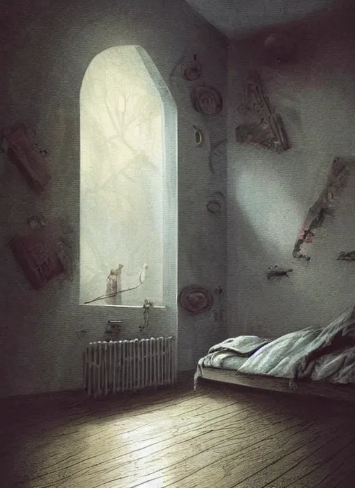 Image similar to a dreary bedroom where the wall behind the bed melts away to reveal fantastical scenes of dreams, dreams invading mundane spaces, fantasy infiltrating reality, bubbles of the impossible, swirls of magic, 8k, ultradetailed, illustrated by Greg Rutkowski and Caspar David Friedrich.