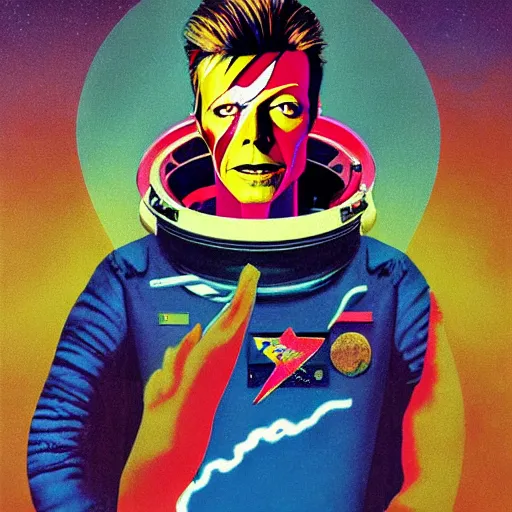 Prompt: portrait of david bowie in astronaut suit by Andy warhol and Petros Afshar and Beeple, Edward Hopper and James Gilleard, Zdzislaw Beksinski, Mark Ryden, Wolfgang Lettl highly detailed