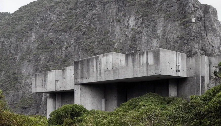 Image similar to big base brutalist perched on a cliff overlooking a magnificient bay, brutalism architecture on cliffs, drawing architecture, pritzker architecture prize, greig fraser