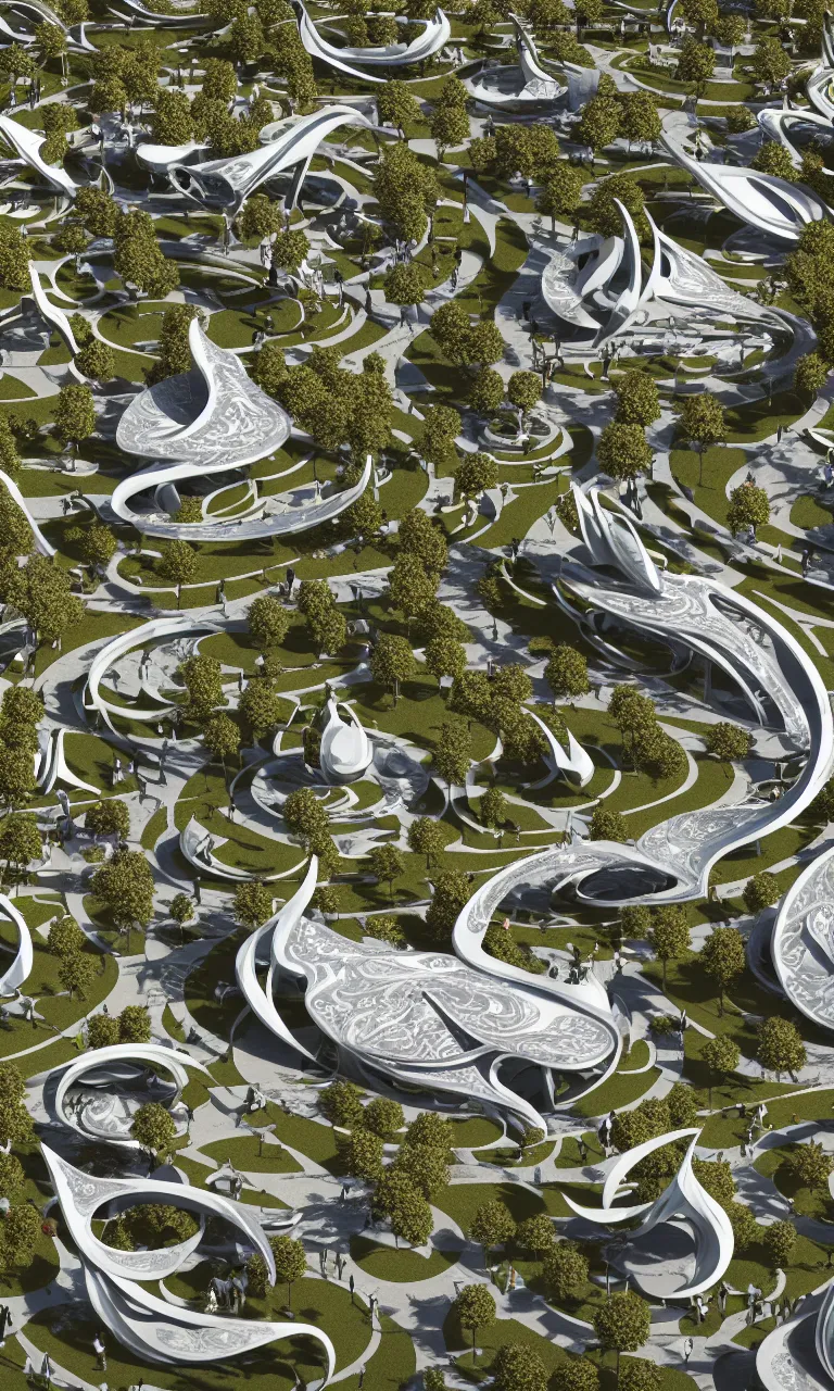 Image similar to a busy elaborate ornate outdoor park, cinematic, shadows, partly cloudy day, 4 k, detailed, by zaha hadid