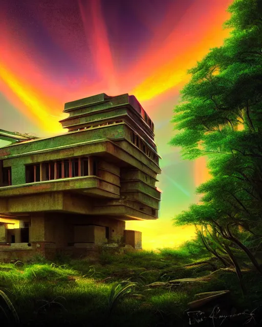 Image similar to a beautiful photorealistic rendering of abandoned blockhouse by frank lloyd wright, laser landscape fisheye sci - fi tron fantasy uv light junglepunk sunset universe magic realism cosmic rainforest evil sea darkacademia extraterrestial, archdaily, wallpaper, highly detailed, trending on artstation.