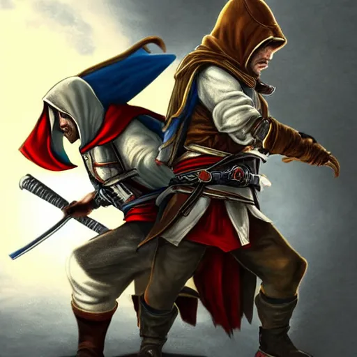 Prompt: mordechai and rigby as assassins creed protagonists