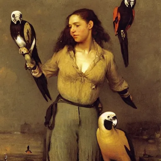 Image similar to female pirate with many parrots. Oil painting by Gustave Courbet, Jules Breton, Jean-François Millet, Émile Friant