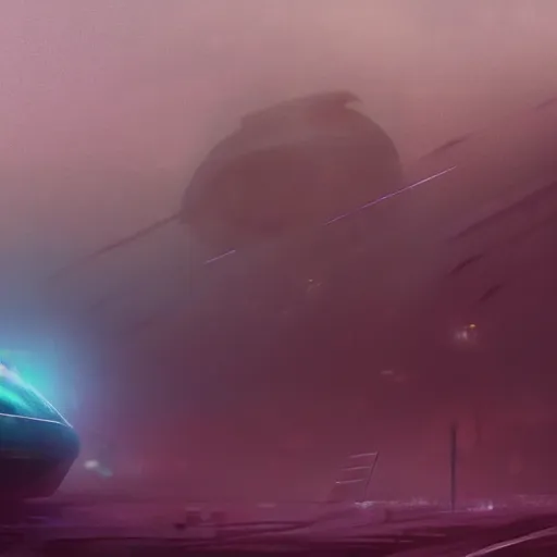 Prompt: cinematic view, giant futuristic cyberpunk spacecraft with small character silhouette in the foreground, blade runner, dense fog, bloom, cinematic lighting, ultra detailed, trending on artstation, dune style, mid tone, denis villeneuve