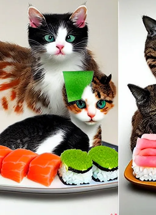 Image similar to clear photorealistic picture of adorable cats made out of sushi