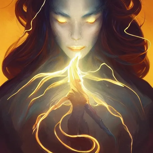 Image similar to female japanese lightning elemental, ghostly form, transparent, d & d, golden!!! palette, highly detailed, digital painting, artstation, concept art, sharp focus, illustration, cinematic lighting, art by artgerm and greg rutkowski and alphonse mucha