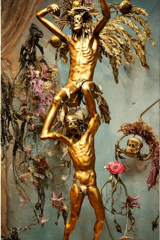 Prompt: Jean-Michel Basquiat as a bronze full-body statue of Icarus spreading his arms and arching his back for flight, glowing quartz crystal skull, wreath of ferns, flowing sakura-colored silk, fabric, flowers. baroque elements, human skull. full-length view. baroque element. intricate artwork by caravaggio. many many birds birds on background. Trending on artstation. halo. octane render, cinematic, hyper realism, octane render, 8k, depth of field, 3D