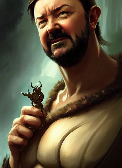 Image similar to portrait of ricky gervais as an elf, d & d, muscular! fantasy, intricate, elegant, highly detailed, digital painting, artstation, concept art, smooth, sharp focus, illustration, art by artgerm and greg rutkowski and alphonse mucha