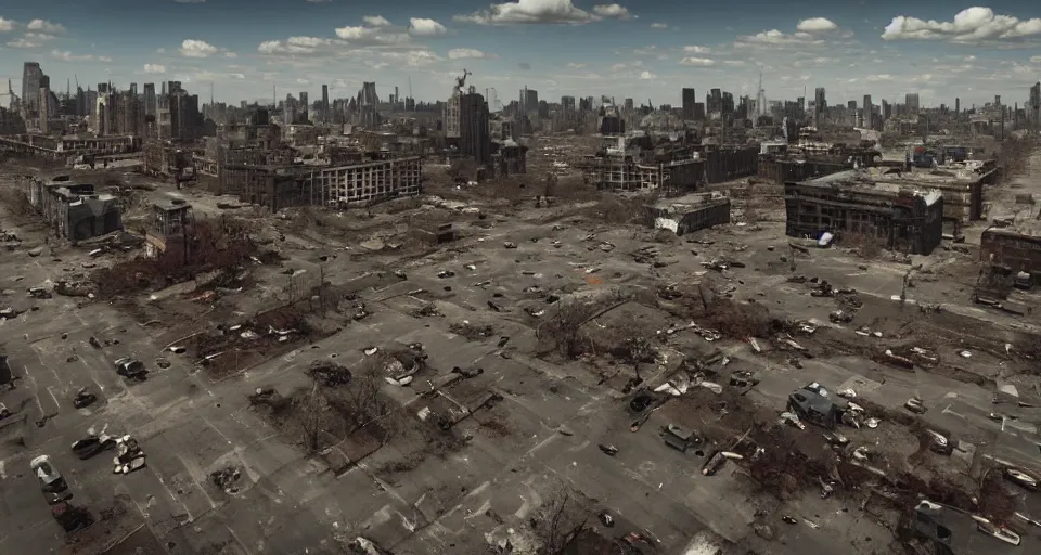 Image similar to wide angle shot of dilapidated zombie - apocalypse new york city in real life, desolate with zombies, dilapidated, zombies on the streets, nightmarish, some rusted style parked vehicles, sunny weather, few clouds, volumetric lighting, photorealistic, daytime, autumn, sharp focus, ultra detailed, cgsociety