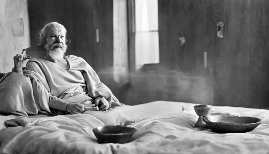 Image similar to 1 9 6 0 s movie still by tarkovsky of an elder socrates drinking a hemlock bowl on a bed in a room with collumns, cinestill 8 0 0 t 3 5 mm b & w, high quality, heavy grain, high detail, panoramic, ultra wide lens, cinematic composition, dramatic light, anamorphic, raphael style, piranesi style