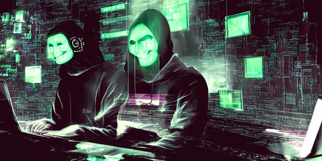 Prompt: anonymous wearing a black hoodie sweatshirt and aviator sunglasses in a dark room hacking into a computer using a laptop, matrix style falling green text in the background, cyberpunk, vaporwave, digital art