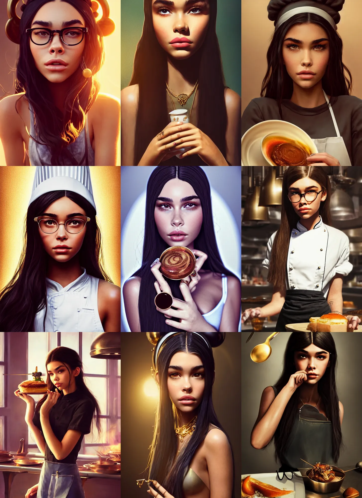 Prompt: madison beer as a hipster chef | jewelry | glamorous oily soft polished rich alluring ornate modern | weta disney movie still photo | hi - fructose, sci fi fantasy, golden ratio, smooth, octane render, sharp focus, artstation, concept art | artgerm, feng zhu, rhads, wlop |