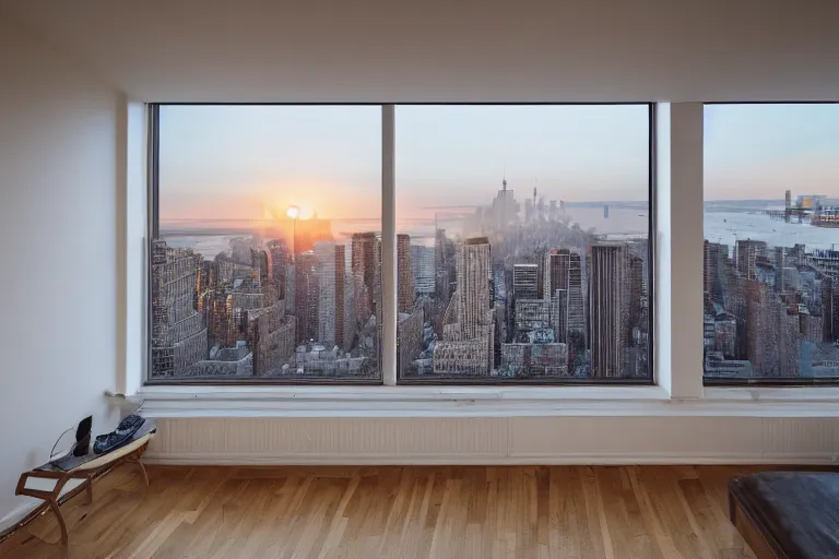 Prompt: photograph inside an apartment with large window overlooking manhattan new york city, sunrise!! dawn, early morning light, cinematic, epic scene, volumetric light, highly detailed, 24mm, f8, fujifilm, Daniel Kordan, Flickr, 500px,