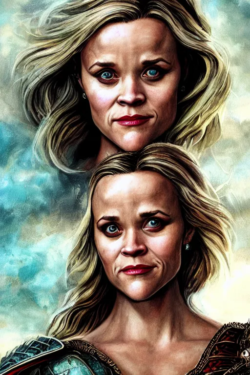 Image similar to A fantasy comic book style portrait painting of, hybrid of Reese Witherspoon, Rachel McAdams, as an Atlantean, Reptilian Warrior, Mystical Valkyrie, Armor, Sword, Spear, Sheild, François Boucher, Oil Painting, unreal 5, DAZ, hype realistic, octane render, Regal, Refined, Coherent, Detailed Digital Art, RPG portrait, William-Adolphe Bouguereau, Michael Cheval, Walt Disney (1937), Steampunk, golden dappled lighting, dynamic lighting, Highly Detailed, Cinematic Lighting, Unreal Engine, 8k, HD