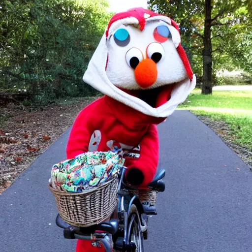 Prompt: elmo in e. t. bike basket wearing hoodie