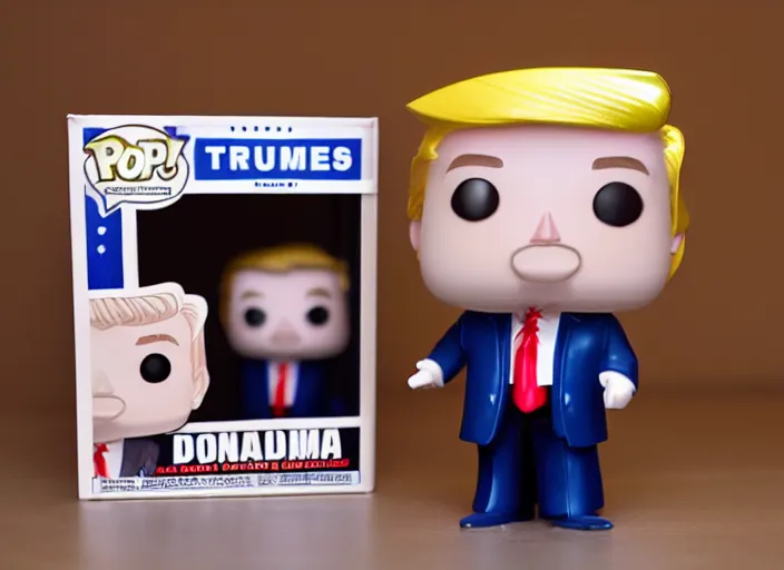 Prompt: !dream product still of Donald Trump funko pop with box, 85mm f1.8