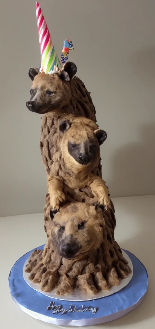 Image similar to birthday cake with a hyena sitting on top of the cake