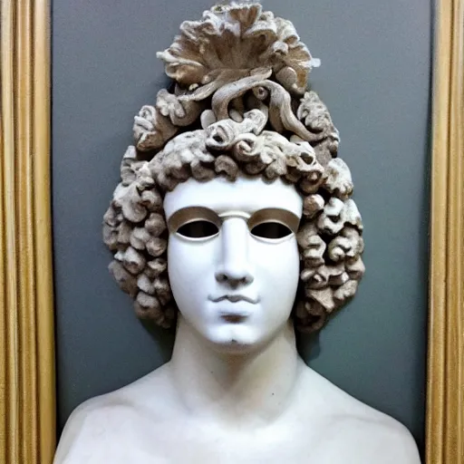 Image similar to antinous wearing venetian masquerade mask, symmetry, reflecting flower