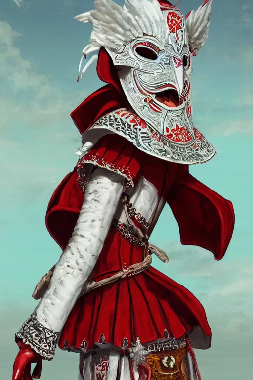 Image similar to female adventurer in tight full - body white embroidered leather armor of vyshyvanka design with red accents and a red porcelain crow mask, trending in artstation, ukrainian, artstation, big moon in the background, establishing shot