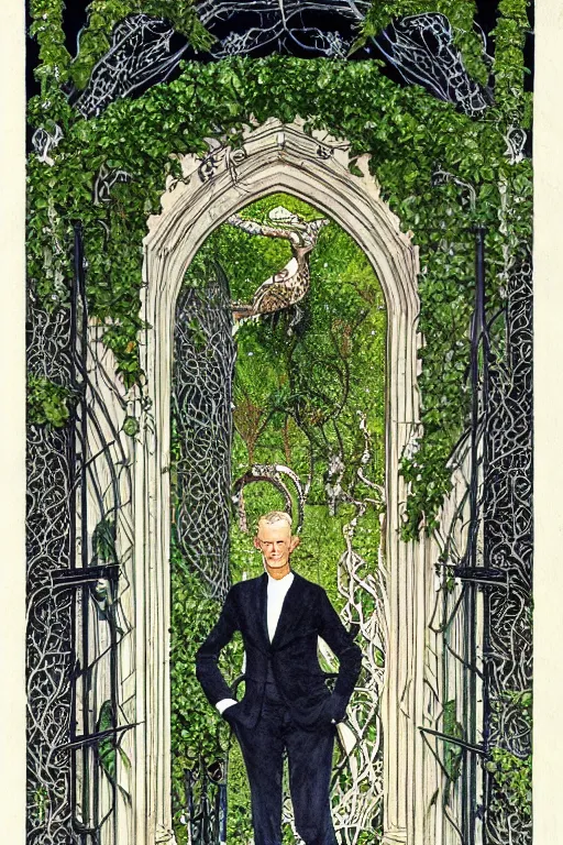 Image similar to realistic portrait of richard widmark in the center of an ornate gothic gate with ivy, detailed art by kay nielsen and walter crane, illustration style, watercolor