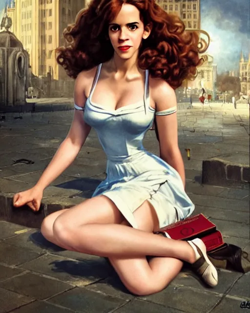 Image similar to pinup photo of hermione granger by emma watson in the crowded square of the city, by greg rutkowski, gil elvgren, enoch bolles, kezie demessance, glossy skin, pearlescent, very coherent, very detailed, harry potter film still