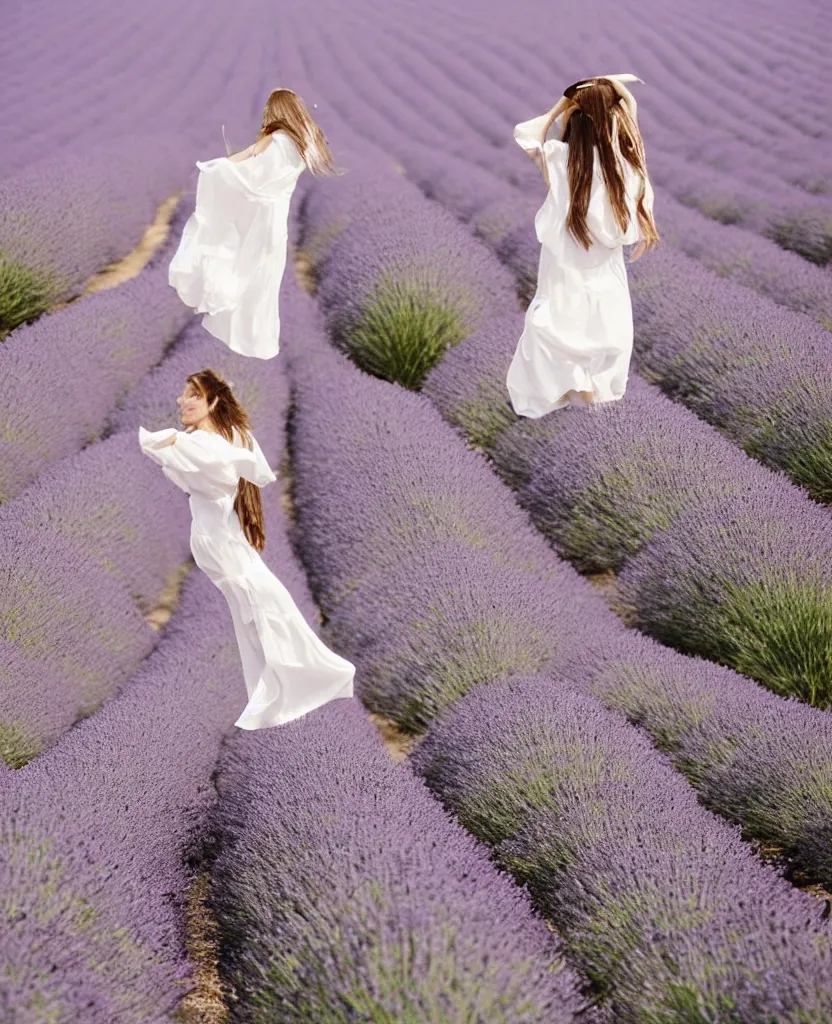 Image similar to A photo of a French woman, mid-20s, wearing a white flowing dress, in a lavender field in France, 85mm, 1.2, Kodak Portra, trending on Instagram