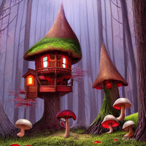 Image similar to a gnome treehouse surrounded by trees and red mushrooms with a deer digital art