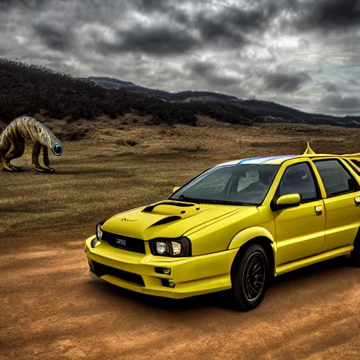 Prompt: velociraptor mongoliensis as wrx impreza, hdr 8 k