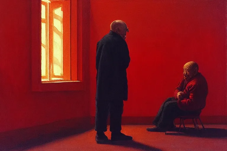 Image similar to only with red, a red old man try to sell a portrait, cheering crowd, in a old city square, in the style of beksinski, parts by edward hopper, parts by rodcenko, parts by yue minjun, intricate and epic composition, red by caravaggio, insanely quality, highly detailed, masterpiece, red light, artstation, 4 k