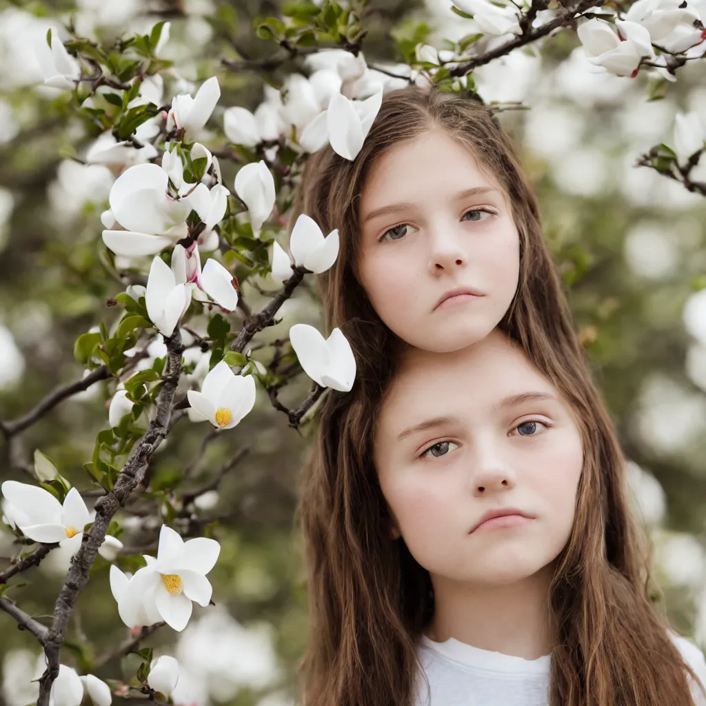 Prompt: a girl portrait with a magnolia near the face, 8 5 mm lens, bokeh