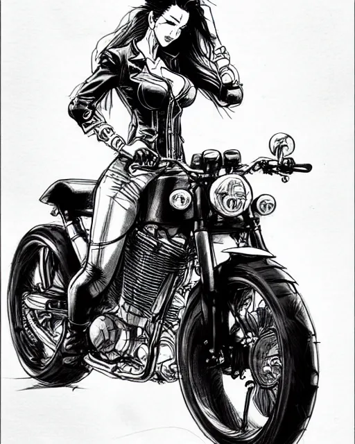 Prompt: an attractive woman on a motorcycle in the style of kim jung gi, sketch, drawing, detailed, art, high definition, high quality