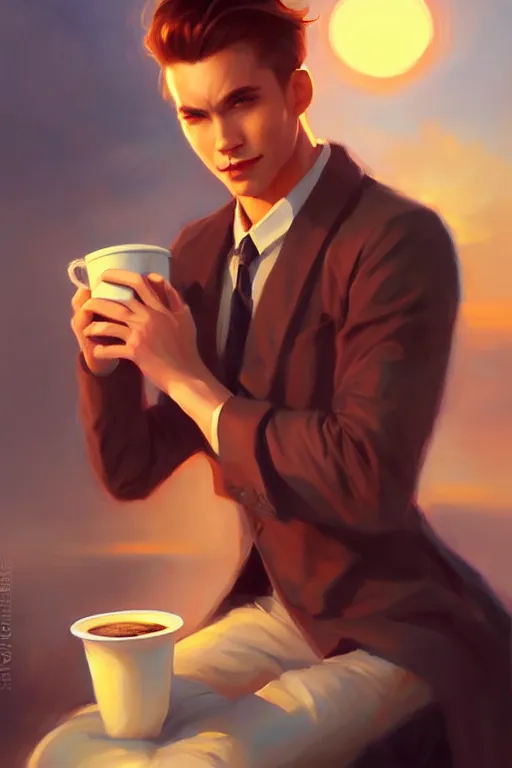 Prompt: attractive man drinking coffee, sunset, painting by ross tran, vladimir volegov, j. c. leyendecker, tom of finland, trending on artstation
