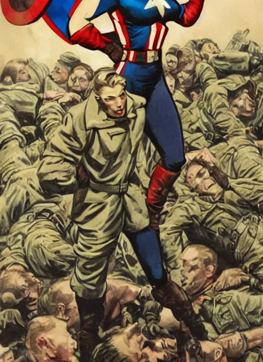 Image similar to beautiful female captain america standing on a pile of defeated, beaten and broken german soldiers. feminist captain america wins wwii. american wwii propaganda poster by james gurney. gorgeous face. overwatch. ralph bakshi