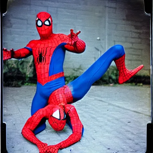 Image similar to 1970s colour polaroid of jimmy tarbuck as spider man without a mask on a british council estate