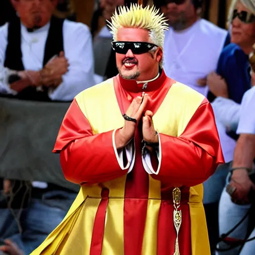 Image similar to guy fieri dressed as the pope, standing on a horse, the horse is staring at him, the crowd is filled with muppets, award winning photo,