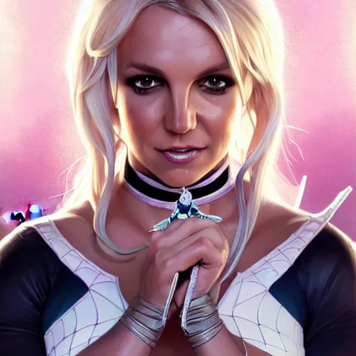 Image similar to britney spears as spider - gwen, western, d & d, fantasy, intricate, elegant, highly detailed, digital painting, artstation, concept art, matte, sharp focus, illustration, art by artgerm and greg rutkowski and alphonse mucha