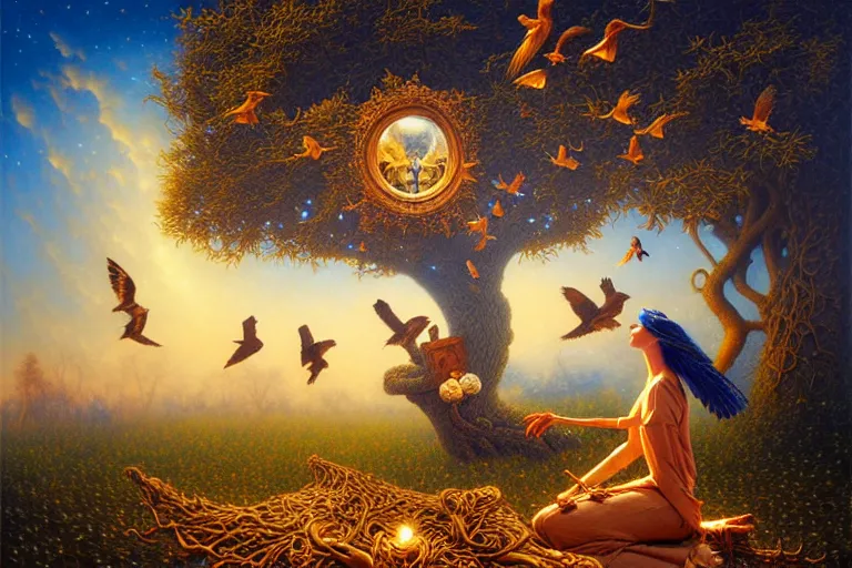 Image similar to oil painting, female playing the harph while birds are listening on the tree surreal, ultra realistic, wide angle, intricate details, artifacts, luminous skies, highly detailed, michael cheval, peter mohrbacher, boris vallejo, jessica rossier, oil painting, highly detailed, cinematic lighting