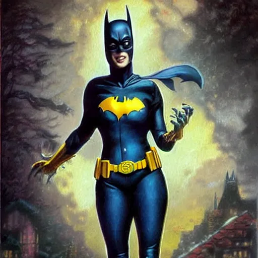 Prompt: realistic portrait beautiful painting of BatGirl mutate into a Slender girl. Horror, created by Thomas Kinkade.