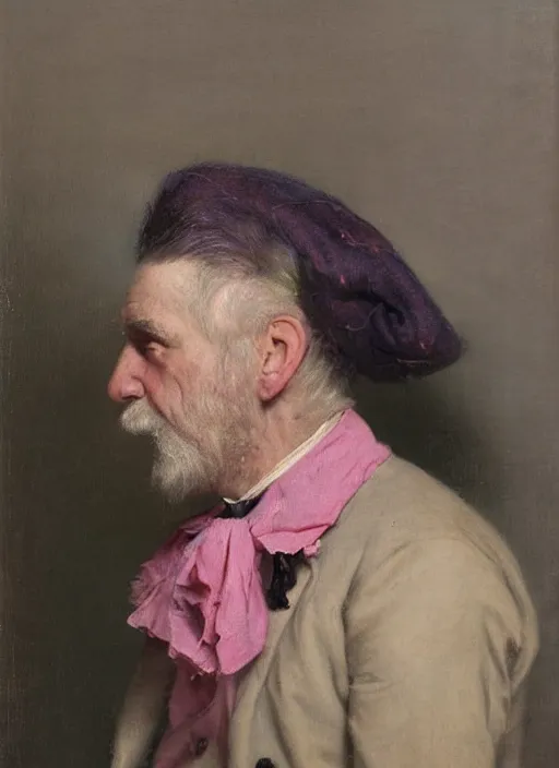 Prompt: a portrait of old man with a pink mohawk by edouard bisson, punk rock, oil painting, muted colours, soft lighting