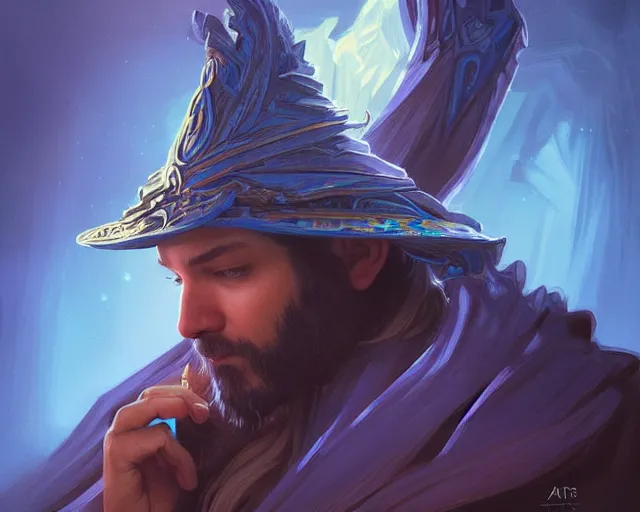 Image similar to alexis ohanian as a wizard, blue wizard hat, deep focus, d & d, fantasy, intricate, elegant, highly detailed, digital painting, artstation, concept art, matte, sharp, illustration, hearthstone, art by artgerm and greg rutkowski and alphonse mucha