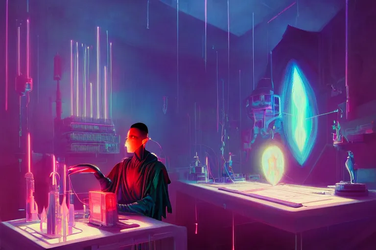 Image similar to a beautiful masterpiece painting of a technomancer wizard in robes with pointed hood breathing life into his synthesized AI djinn in his laboratory near a computer by Remedios Varo and Anato Finnstark and Greg Rutkowski, dayglo pink, dayglo blue, dazzle camouflage, 8k, trending on ArtStation