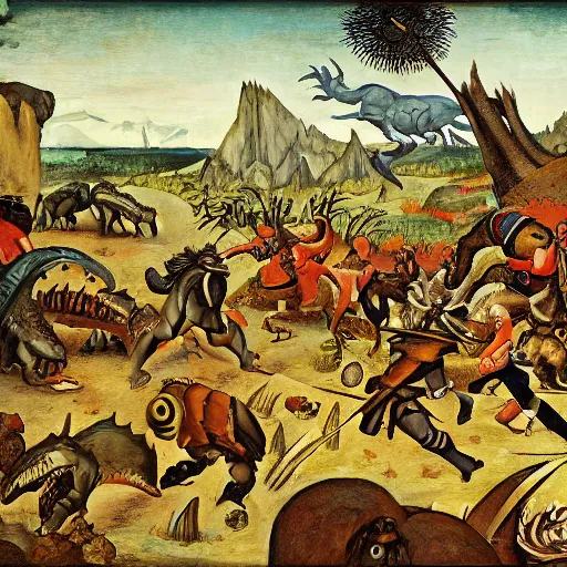 Prompt: adventurers battling a tyrannosaurus, in the style of pieter bruegel