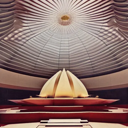 Image similar to interior of a futuristic lotus temple with gold, red and white marble panels, in the desert, by buckminster fuller and syd mead, intricate contemporary architecture, photo journalism, photography, cinematic, national geographic photoshoot