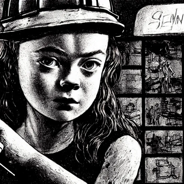 Prompt: extreme close - up on sadie sink as a miner : drinks water from a glass. background : black tiles on walls. black and white, pencil and ink. by gabriel hardman, joe alves, chris bonura. cinematic atmosphere, detailed and intricate, perfect anatomy